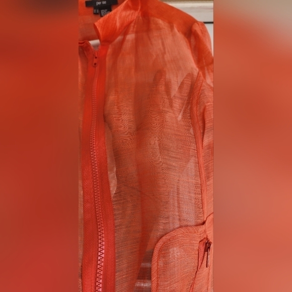 Per Se Orange coral Sheer Silk Structured textured linear Jacket Zip‎ Up - Picture 4 of 4